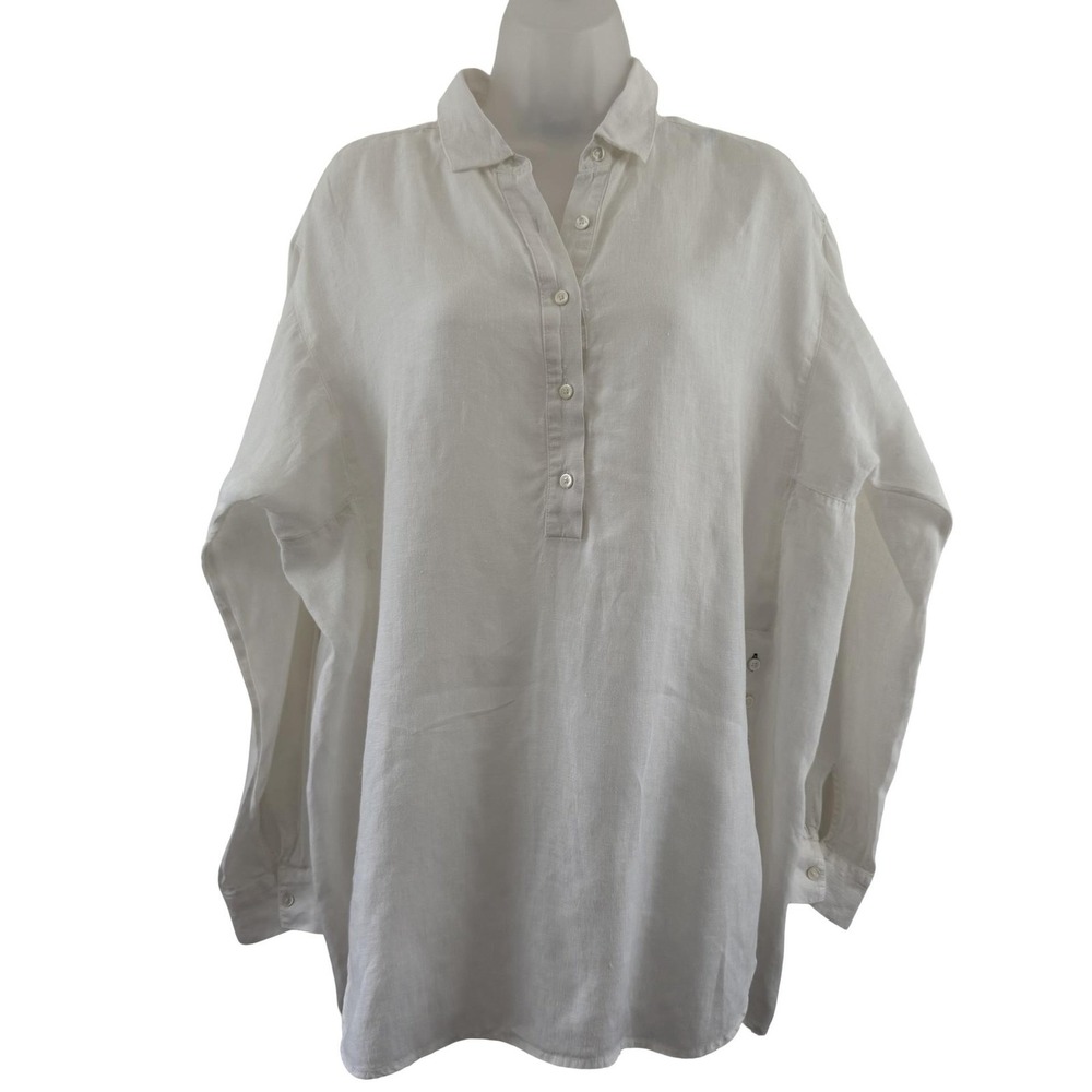 J McLaughlin Shirt Womens Large White 100% Linen Tunic Side Button Top Lagenlook